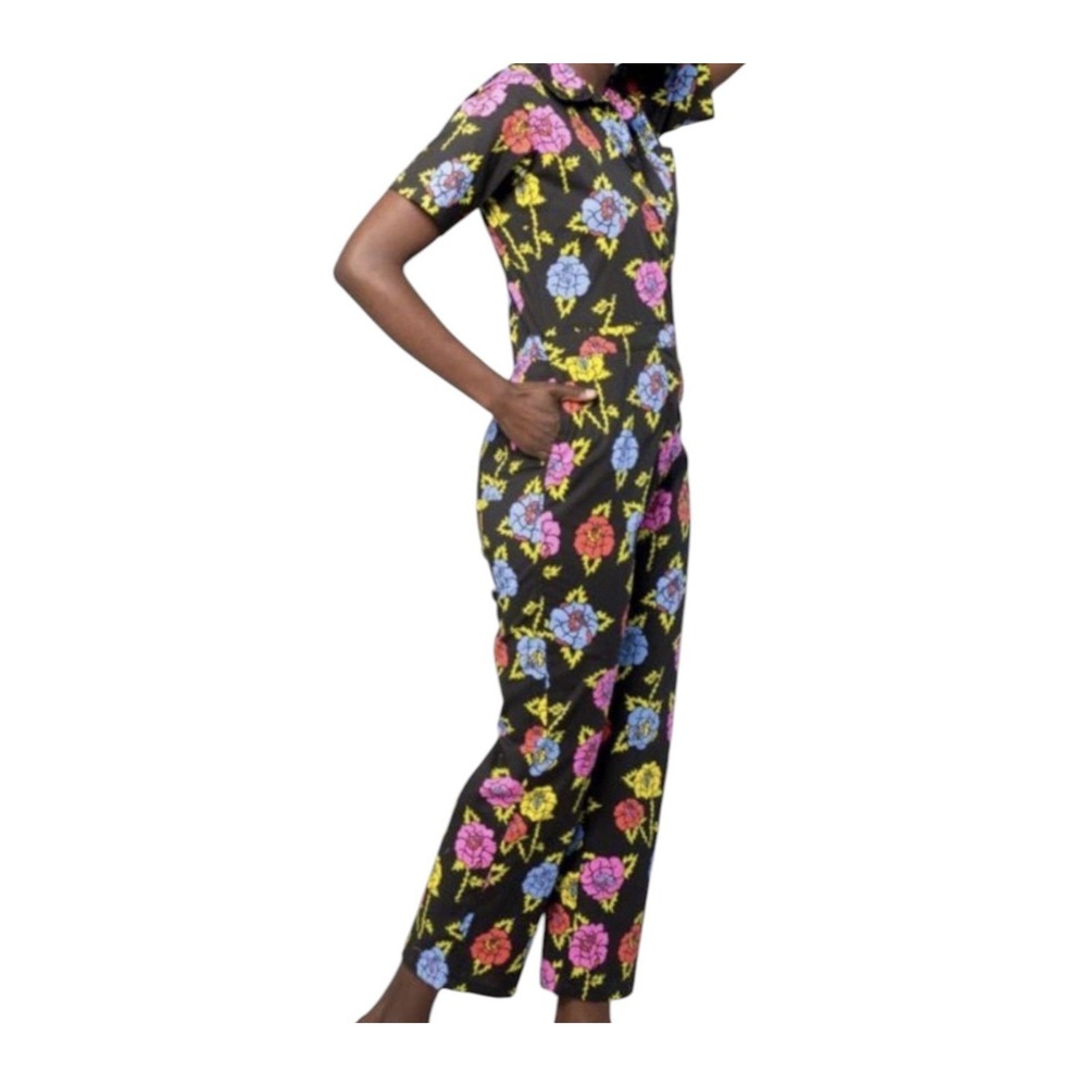 Nooworks Roses coveralls Women's small Short Sleeve Zip Front Festival Boho